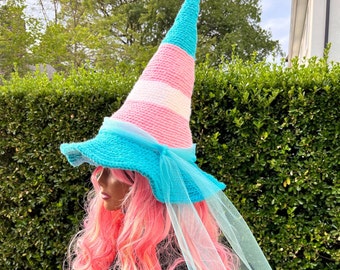 Cotton Candy Witch Hat: Pink Halloween Cosplay, Whimsical Pointed Hat