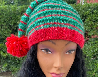 Green sparkly Elf Striped Hat: Christmas Hat Long Tail Beanie, Size L