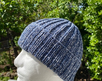 Blue Cotton Cuffed Beanie, Soft Knit Hat, Fisherman Style (Size M)