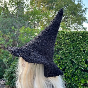 May include: A black witch hat with a tall, pointed crown and a wide brim. The hat is made of a fuzzy, textured fabric.