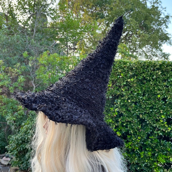 Black Witch Hat, Black Wizard fuzzy hat, Unique black halloween hat, Black Wizard hat, Cosplays Black hat, Black Halloween hat