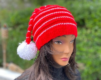 Red Elf Santa Hat: Beanie with Pom-Pom, Acrylic Knit Christmas Hat