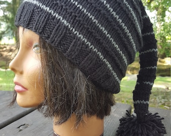 Black Striped Elf Hat: Long Tail Cosplay Beanie