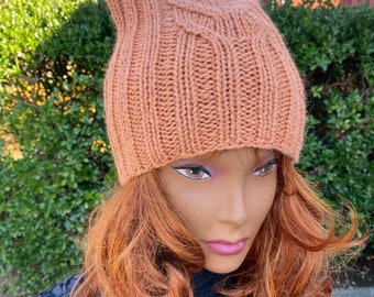 Hand Knit Wool Cat Ear Beanie - Dusty Orange Fall Hat , size L