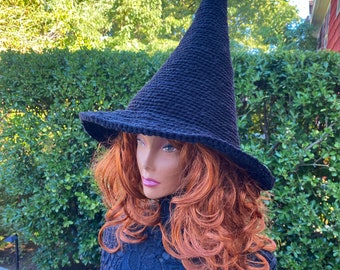Classic Crochet Witch Hat, Black Conical Brim, Halloween Costume (Acrylic Yarn)