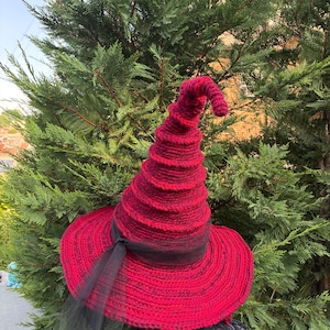 May include: A pointed hat crocheted in variegated red and black yarn with a tall, spiraling crown and a wide, circular brim. A sheer black ribbon is tied around the base of the crown, with the ends of the ribbon draping down from the brim.