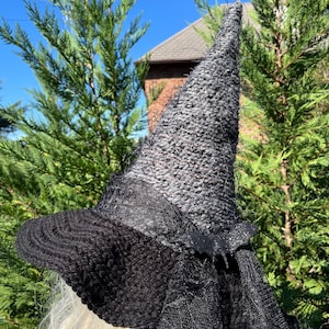 May include: A black witch hat with a pointed crown, a wide brim, and a black bat embellishment. The hat is made of a fuzzy, textured fabric and has a black lace veil.
