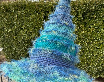 Fuzzy Aqua Witch Hat, Acrylic Yarn, Peacock Cosplay, Blue Wizard Costume