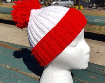 Waldo hat, Halloween red beanie, Striped Hat, Costume Accessory, Red winter hat, Red beanie, Red pom pom hat, Santa Hat