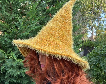 Gold Witch Hat, Acrylic Yarn with Gold Thread, Feather Trimmed Costume Accessory
