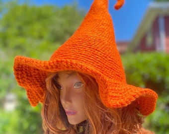 Orange Knit Witch Hat: Halloween Costume, Fantasy Wizard Hat