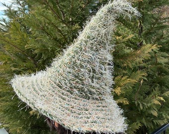 Green Fuzzy Swamp Witch Hat: Hand-Knit Halloween Costume