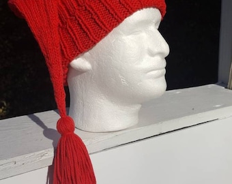 Hand Knit Cotton Smee Hat: Red Pirate Costume Cap with Tassel