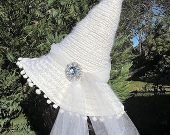 White Witch Wedding Hat: Chunky Knit Costume with Pom Poms