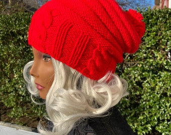 Red Knit Slouchy Beanie with Pom-Pom: Soft Acrylic Winter Hat