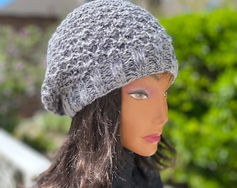 Gray Knit Beret, Wool Blend Slouchy Hat, French Style - size L