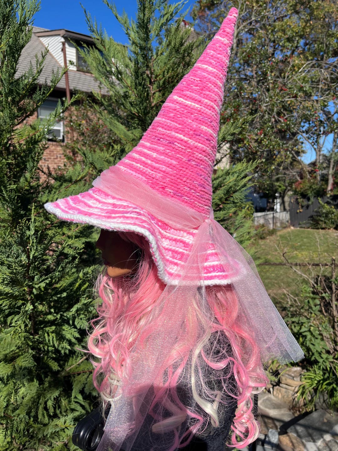 Pink Witch Hat: Knitted Woodland Fairy Costume, Halloween Cosplay