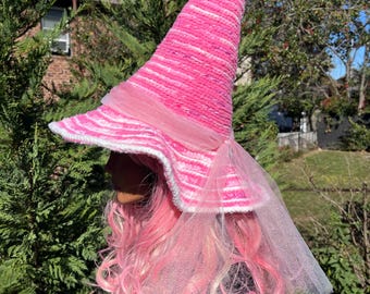 Pink Witch Hat: Knitted Woodland Fairy Costume, Halloween Cosplay
