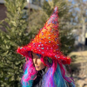 Rainbow Witch Hat, Woodland Fairy Hat, Rainbow Fantasy Witch hat, Cosplay Rainbow Wizard, Fuzzy Halloween hat, Rainbow Cosplay Hat