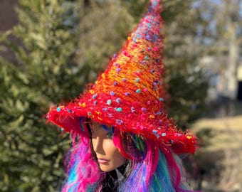 Rainbow Fun Witch Hat: Red Fuzzy Cosplay Wizard Hat