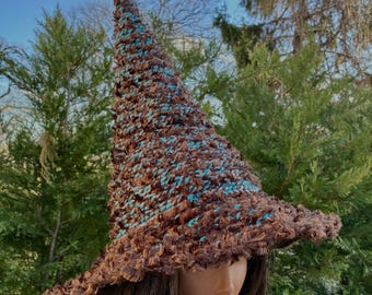 Turquoise Witch Hat, Brown Fairy Halloween Costume, Blue Wizard Fantasy hat