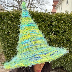 Fuzzy Green Witch Hat, Forest Magic Acrylic Knit Wizard Costume accessory