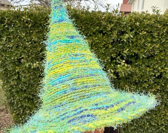 Fuzzy Green Witch Hat, Forest Magic Acrylic Knit Wizard Costume accessory