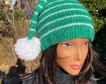 Sparkly Green Elf Hat: Long Tail Holiday Beanie