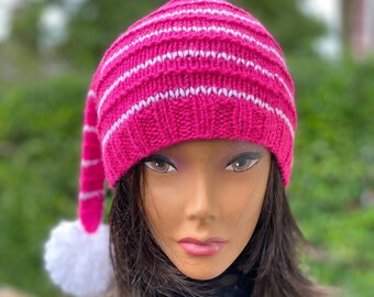 Pink Striped Knit Elf Hat: Long Tail Pom Pom Beanie