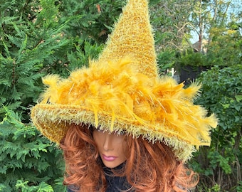 Gold Witch Hat, Acrylic Yarn with Gold Thread, Feather Trimmed Costume Accessory