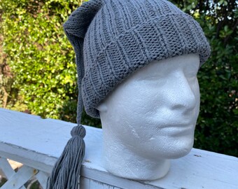 Hand Knit Cotton Sleeping Cap: Grey Tassel Elf Hat