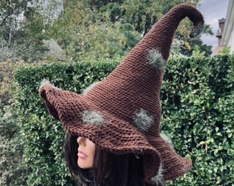Mossy Brown Knit Witch Hat: Halloween Cosplay, Forest Wizard