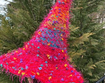 Pink Woodland Fairy Witch Hat, Fuzzy Yarn Fantasy Cosplay Beanie
