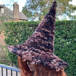 May include: A brown and purple witch hat with a wide brim and a tall, pointed crown. The hat is made of a soft, fuzzy material and has a textured appearance.