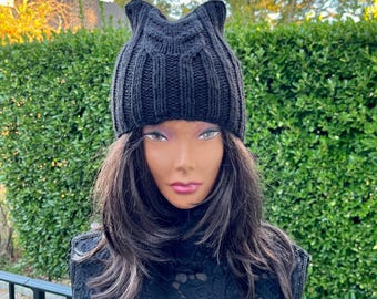 Knit Cat Ear Beanie: Black Acrylic Winter Hat