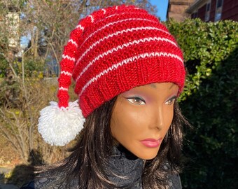 Sparkly Red Elf Beanie, Christmas Pom Pom Hat
