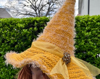 Gold witch hat, Gold Queen Hat, Gold Wizard hat, Gold Costume Hat, Bewitching Halloween hat, Yellow witch hat, Gold Goth hat, Gold Fairy hat