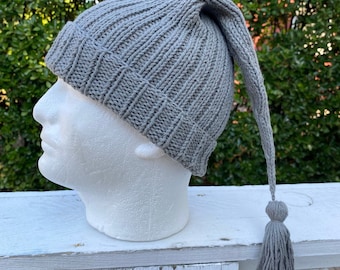 Hand Knit Cotton Sleeping Cap: Grey Tassel Elf Hat