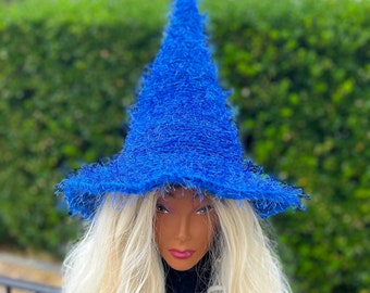 Witch Blue hat, Blue Witch Hat, Aqua Hats for witches, Fuzzy Fairy hat, Halloween Costume, Blue Wizard hat, Blue Fantasy hat, Winter wizard