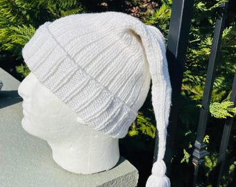 Hand Knit Cotton Scrooge Hat: White Silver spark Goth Sleeping Cap, Size L