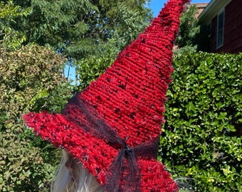 Red Knit Witch Hat: Fuzzy Halloween Costume, Cosplay Wizard Hat