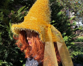 Gold Witch Hat, Acrylic Yarn with Gold Thread, Feather Trimmed Costume Accessory