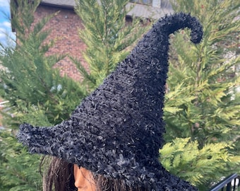 Fuzzy Black Witch Hat: Halloween Cosplay Wizard Hat with spikes