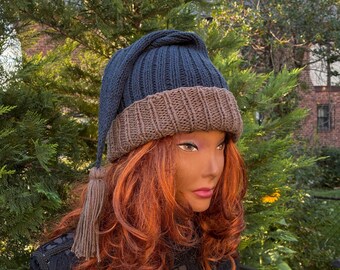 Hand Knit Cotton Scrooge Hat: Black and black Goth Sleeping Cap XL size