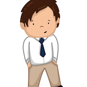May include: A cartoon illustration of a person wearing a white shirt with a blue tie, khaki pants, and brown hair.