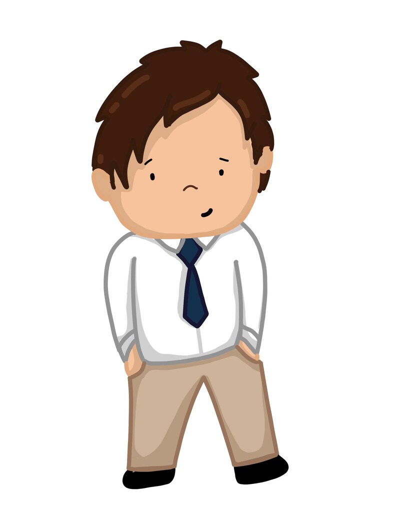 May include: A cartoon illustration of a person wearing a white shirt with a blue tie, khaki pants, and brown hair.