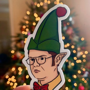 Elfish Features Dwight Schrute Christmas Sticker | Die cut The Office Funny Character Laptop Decal