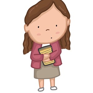 May include: A cartoon illustration of a girl with brown hair wearing a pink jacket and a brown skirt. She is holding a yellow and brown book in front of her.