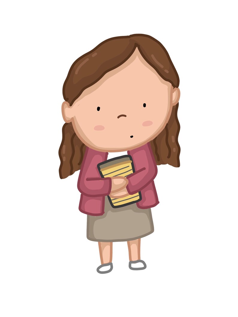 May include: A cartoon illustration of a girl with brown hair wearing a pink jacket and a brown skirt. She is holding a yellow and brown book in front of her.