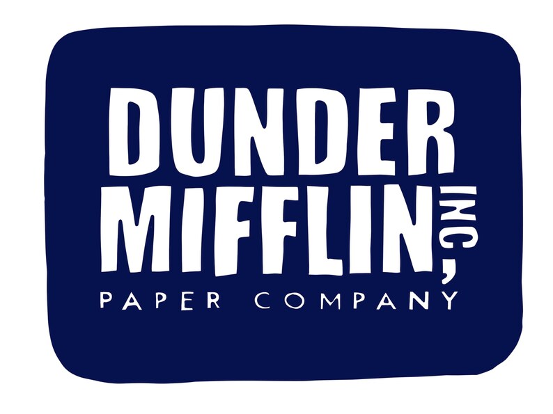May include: A navy blue logo with white text that reads "Dunder Mifflin, Inc. Paper Company".